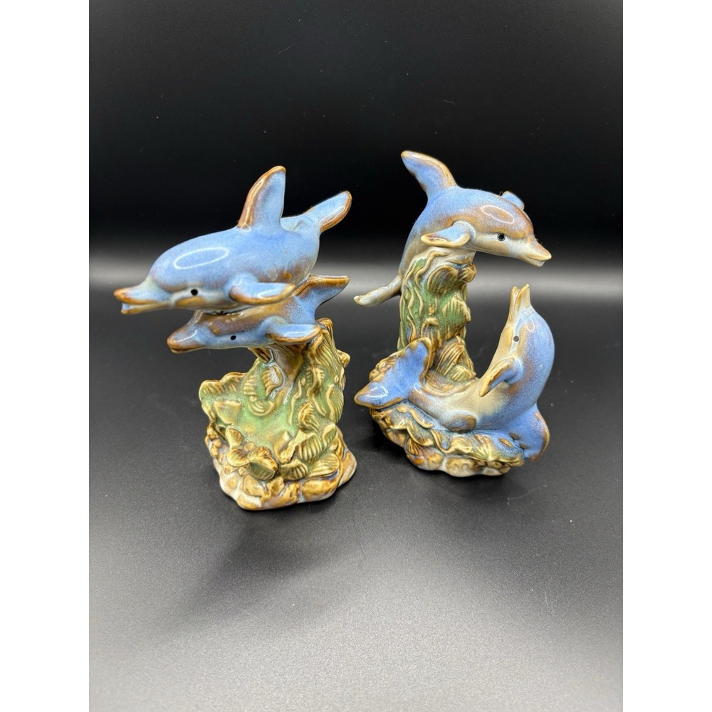 Vintage Pair Mid-Century Blue Mountain Style Drip Glaze Dolphins